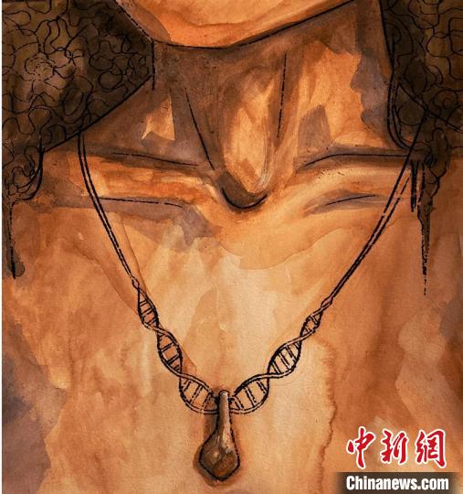 墜飾藝術(shù)再現(xiàn)圖，圖中吊墜繩為DNA螺旋樣式(圖片作者Myrthe Lucas)。　施普林格·自然 供圖