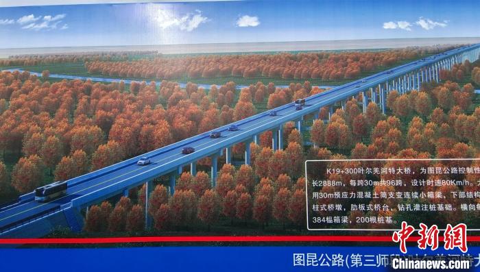 大橋穿越近3000米的原始胡楊林保護(hù)區(qū)。圖為工程效果圖?！∈酚窠?攝