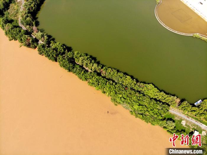 圖為2020年9月3日航拍黃河蘭州段濕地公園現(xiàn)黃河“鴛鴦鍋”。(資料圖) 高瑩 攝