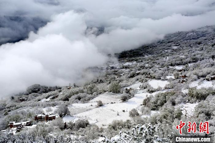 雪后的丹巴半山云霧繚繞?！±钣腊?攝