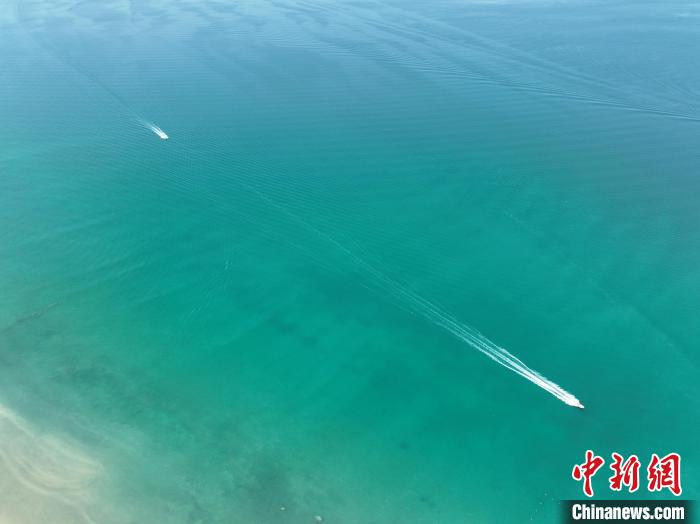 圖為航拍仲夏時節(jié)，青海湖湖水碧波蕩漾?！∑钤鲚?攝