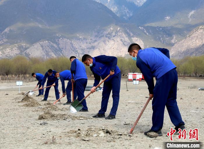 林芝市巴宜區(qū)森林消防中隊志愿服務(wù)隊正在揮鍬鏟土?！∥骼@拉翁 攝